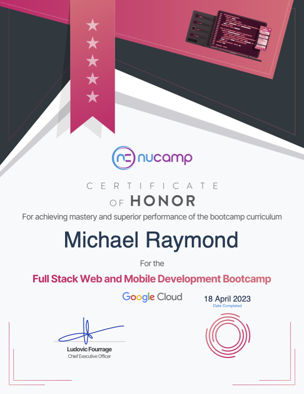Nucamp Full Stack Certificate of Honor