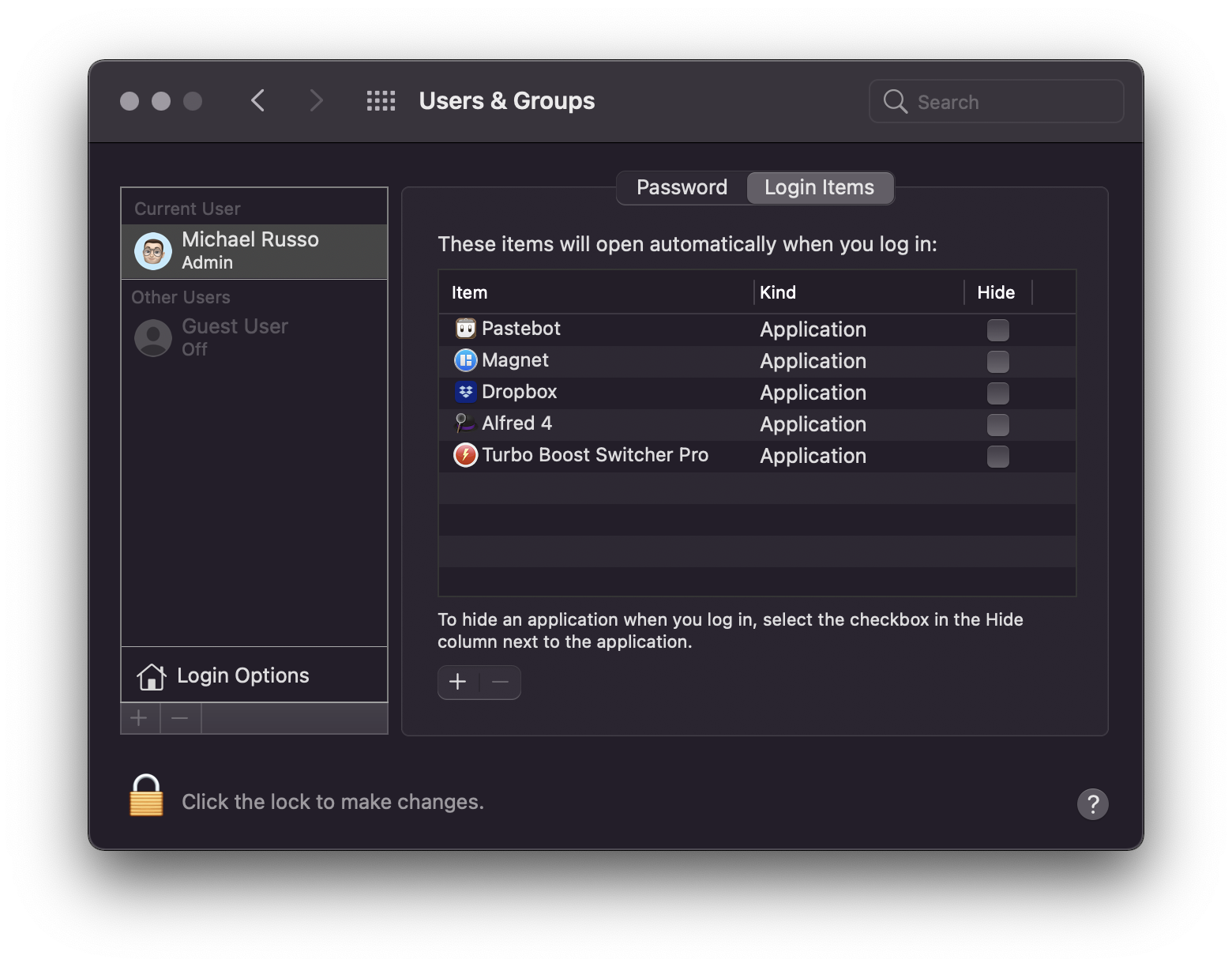 Locked login items settings
