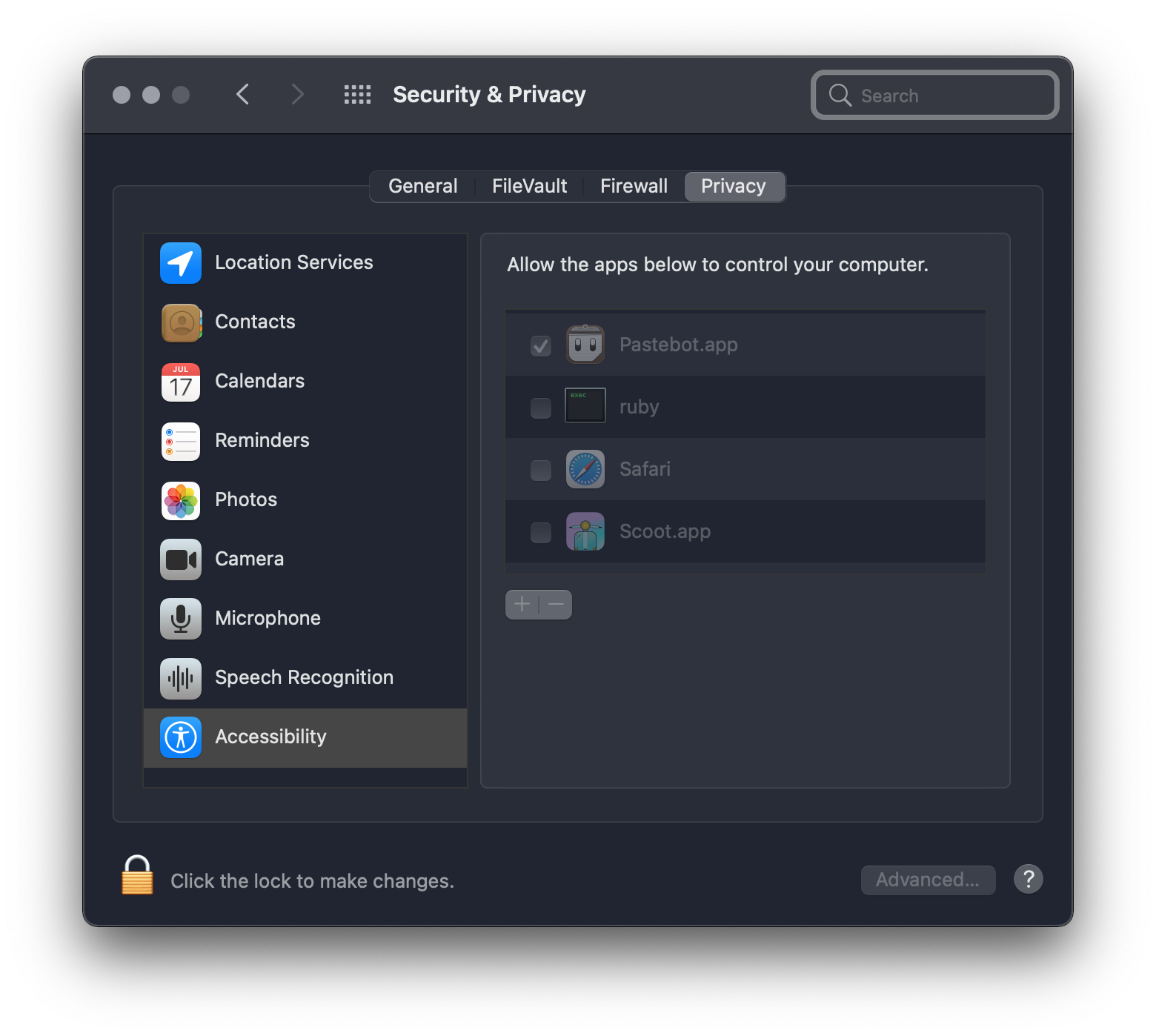 Locked accessibility settings