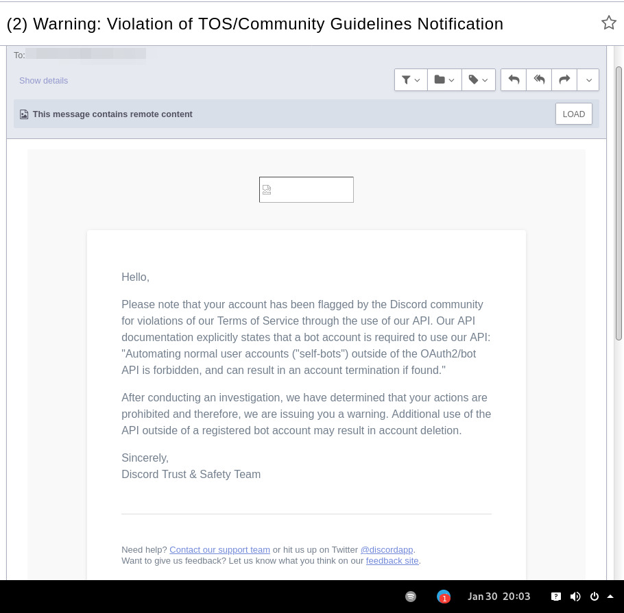 discord tos violation warning