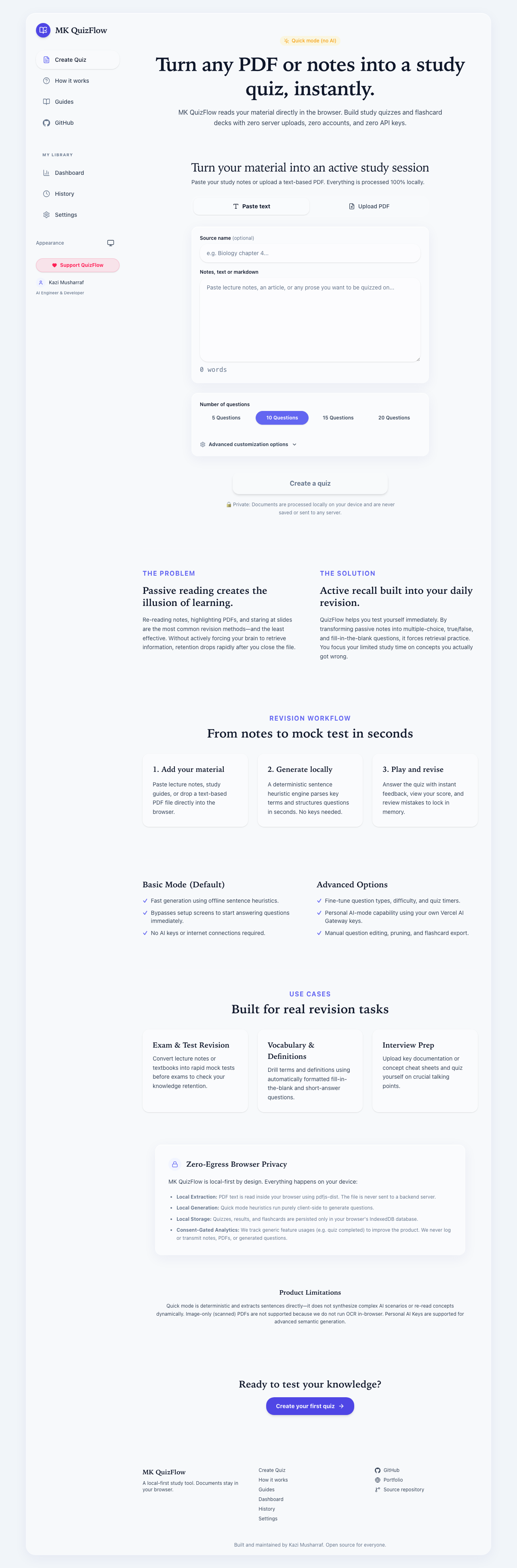 MK QuizFlow study application home screen