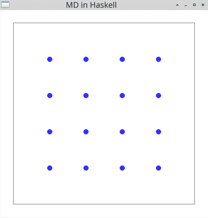 A simulation starting with a square lattice of 4 times 4 particles