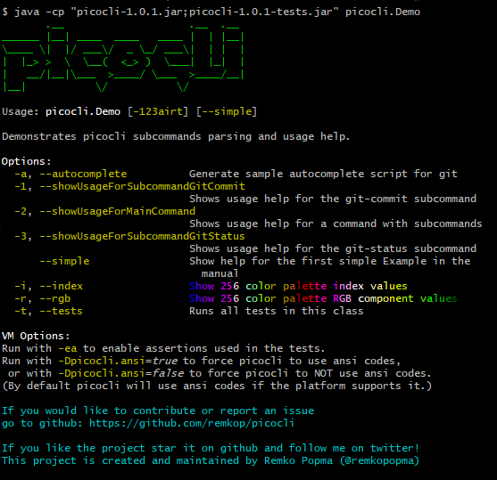 Picocli Demo help message with ANSI colors