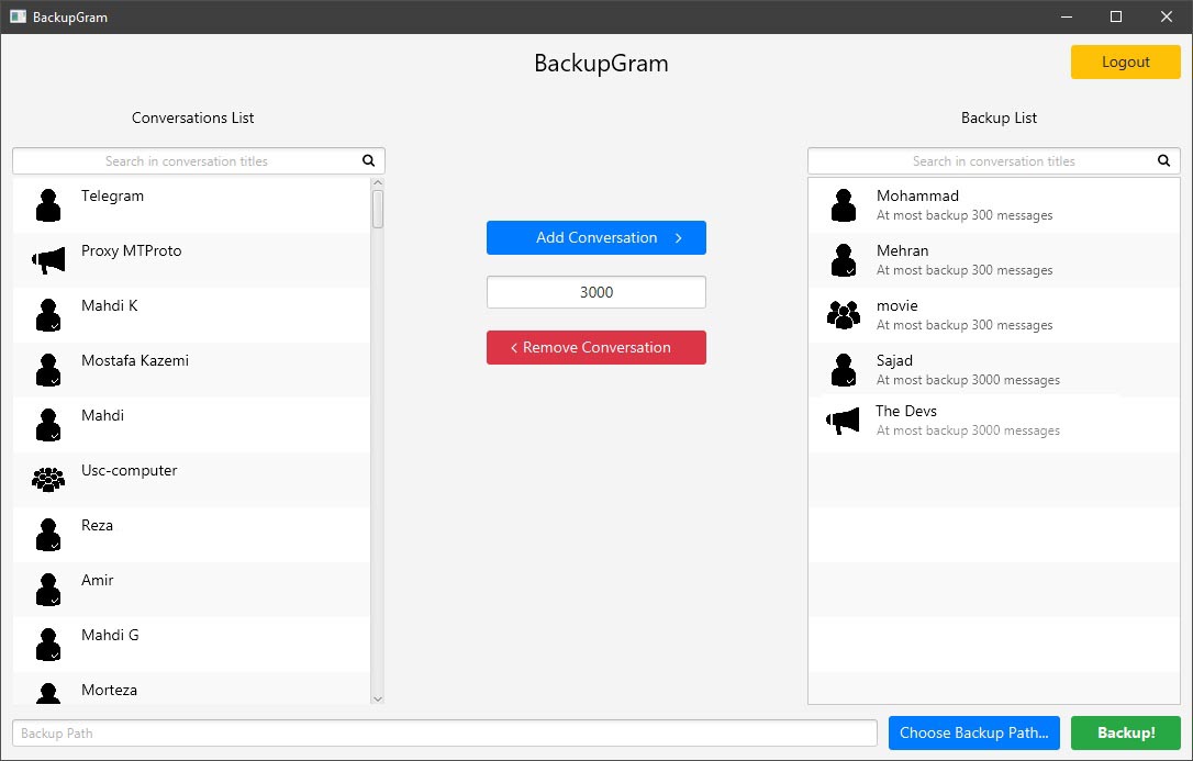 Screenshot of main page of BackupGram