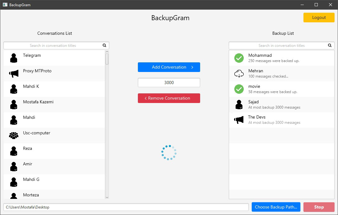 Screenshot of main page of BackupGram