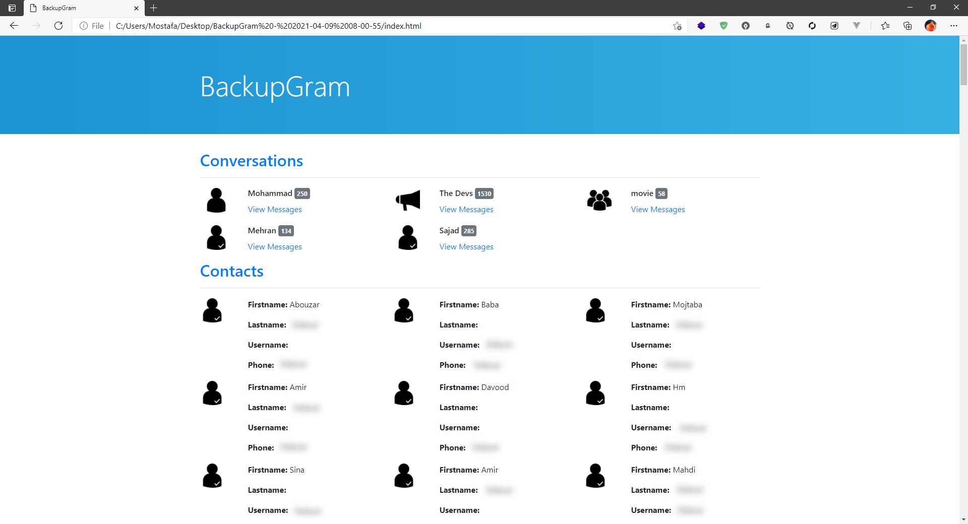 Screenshot of result page of BackupGram