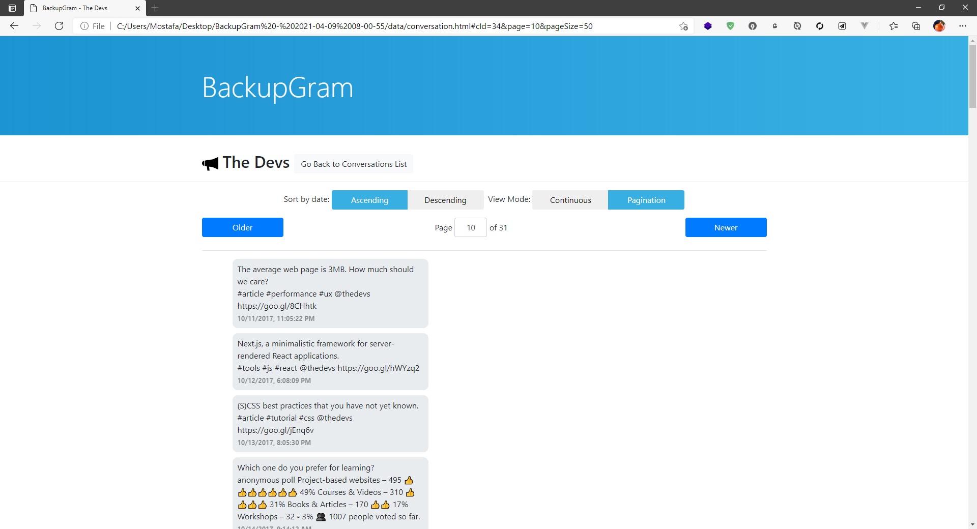 Screenshot of result page of BackupGram