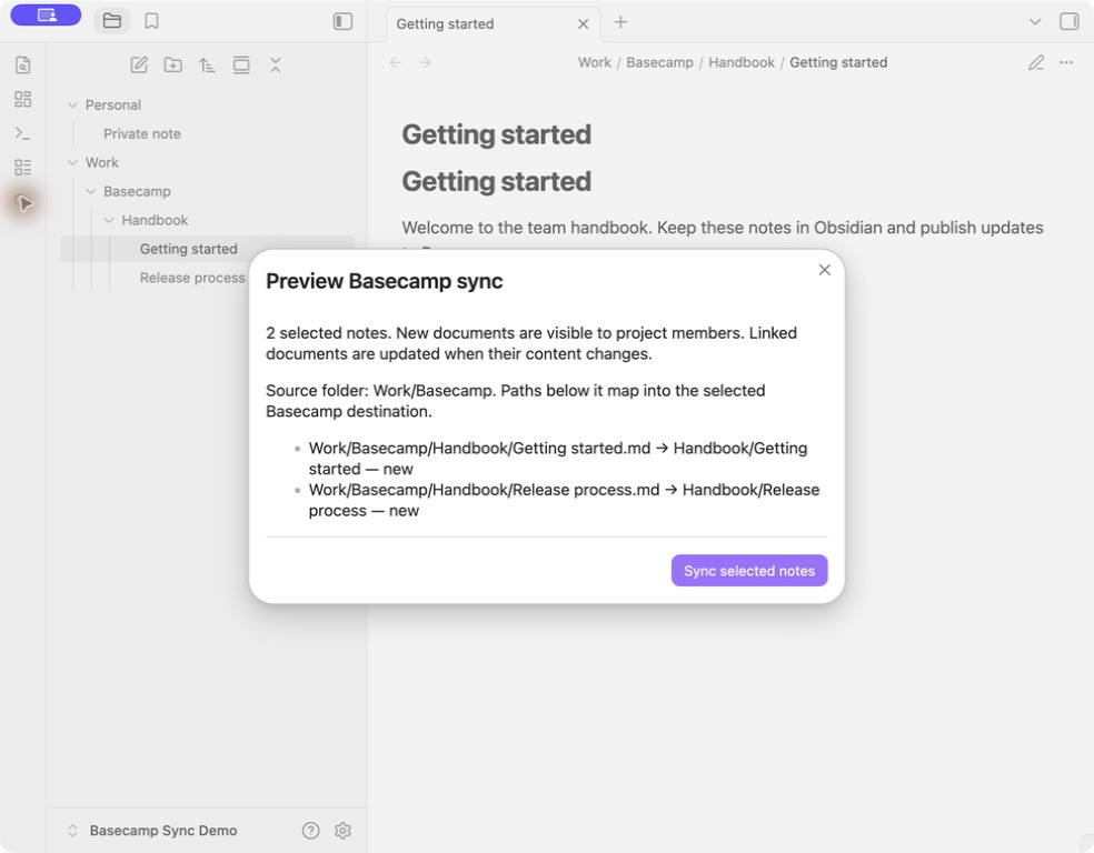 Basecamp Sync selection preview showing example notes mapped below a source folder