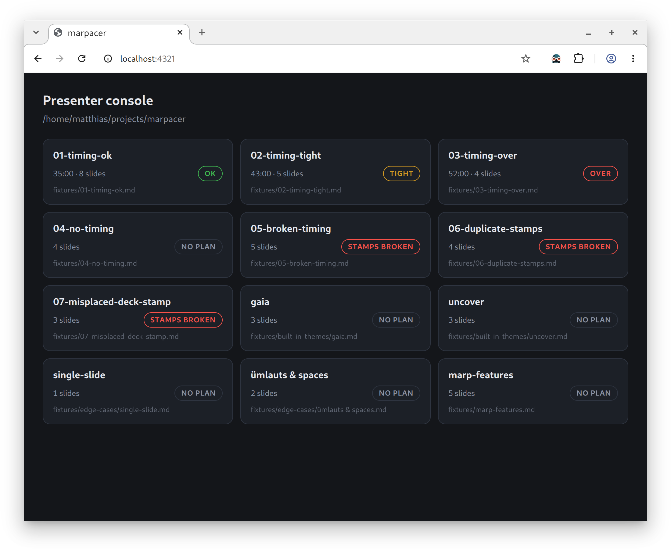 The deck picker: one card per deck, showing its estimate, slide count, and
whether it fits its target