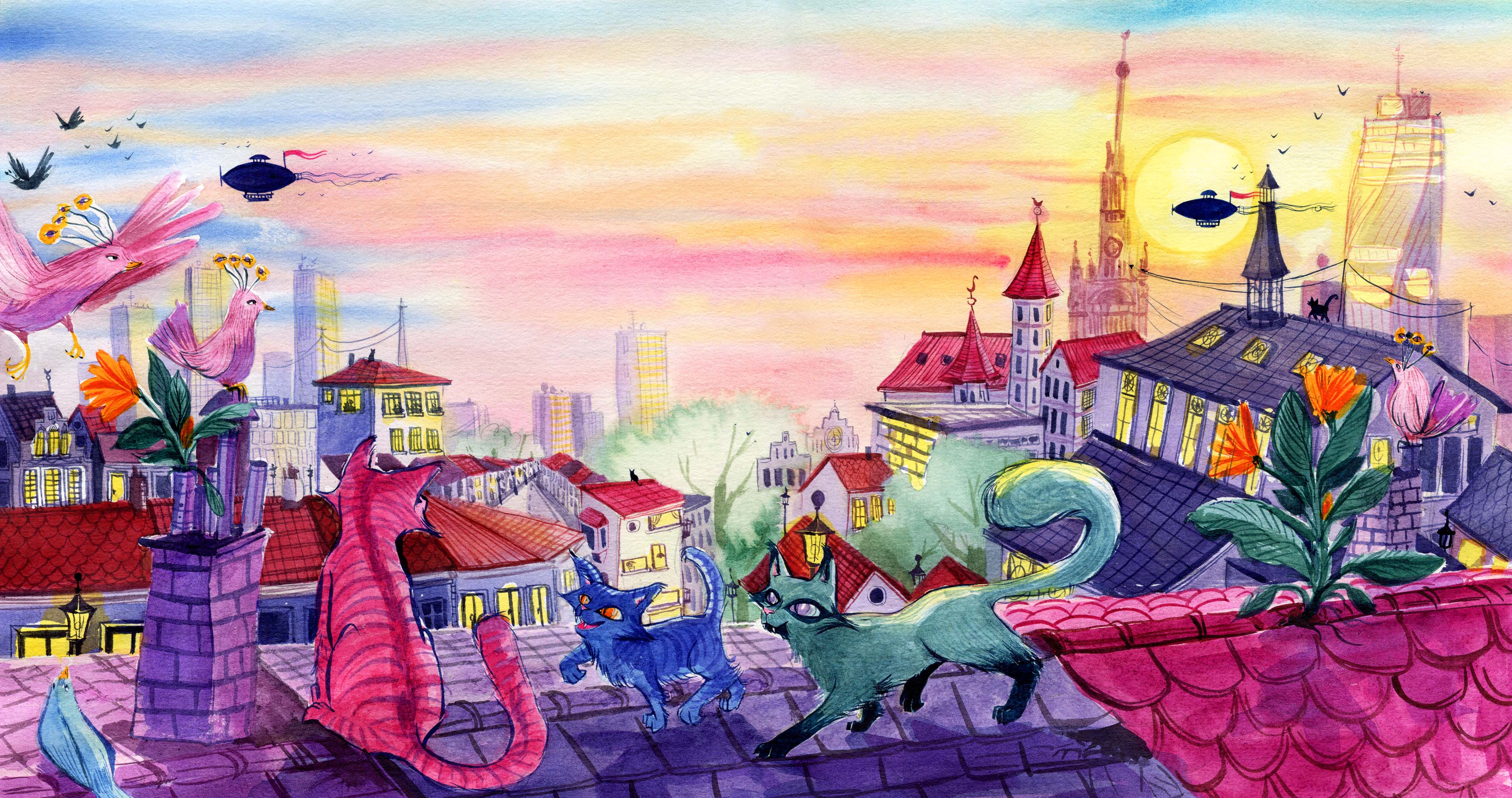 An illustration of cats on a roof with a cityscape behind them. One (pink) sits by a chimney and looks out into the distance, a tiny blue one is about to paw its tail playfully, and a green one watches the scene. There are a couple of birds by the chimney you are also looking out into the distance. The city is a mix of modern and classical buildings and there are a couple of zeppelins flying in the distance.