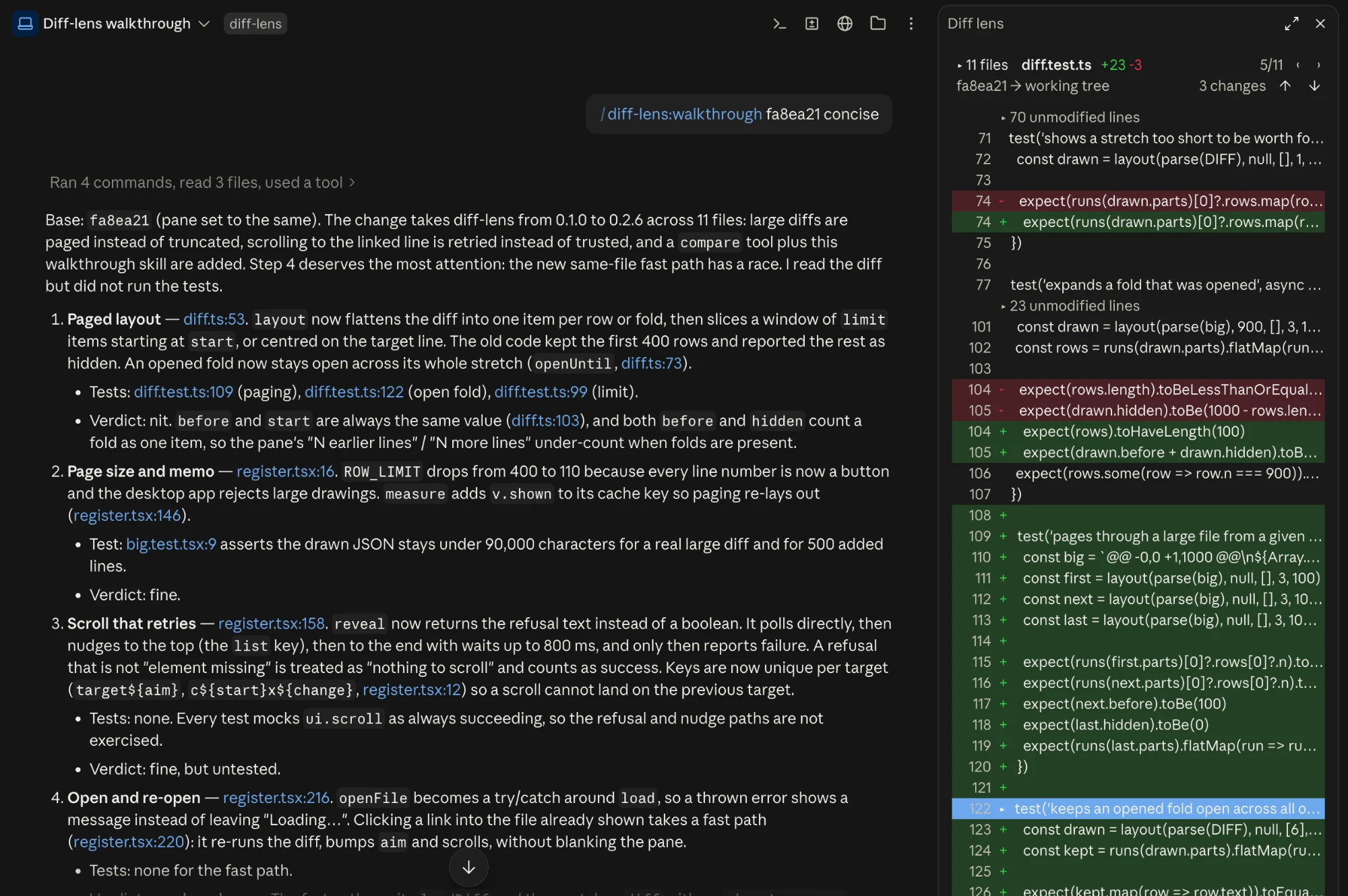 A walkthrough reply on the left; clicking its link opened the Diff lens pane on the right at the linked line