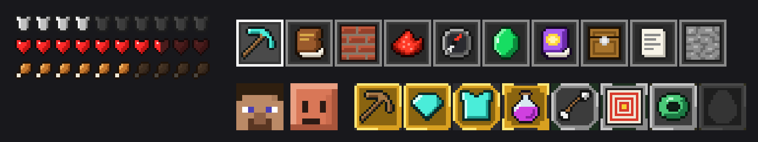The HUD icons, hotbar items, player heads and advancement icons