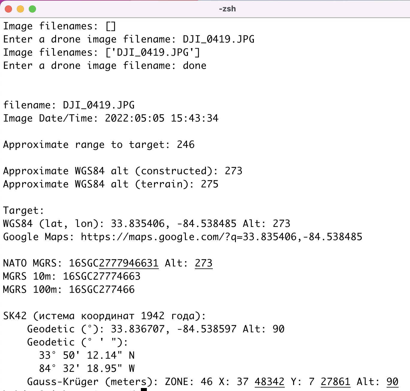 image of command line interface OpenAthena is given cobb.tif and DJI_0419.JPG and resolves a GPS location on the ground