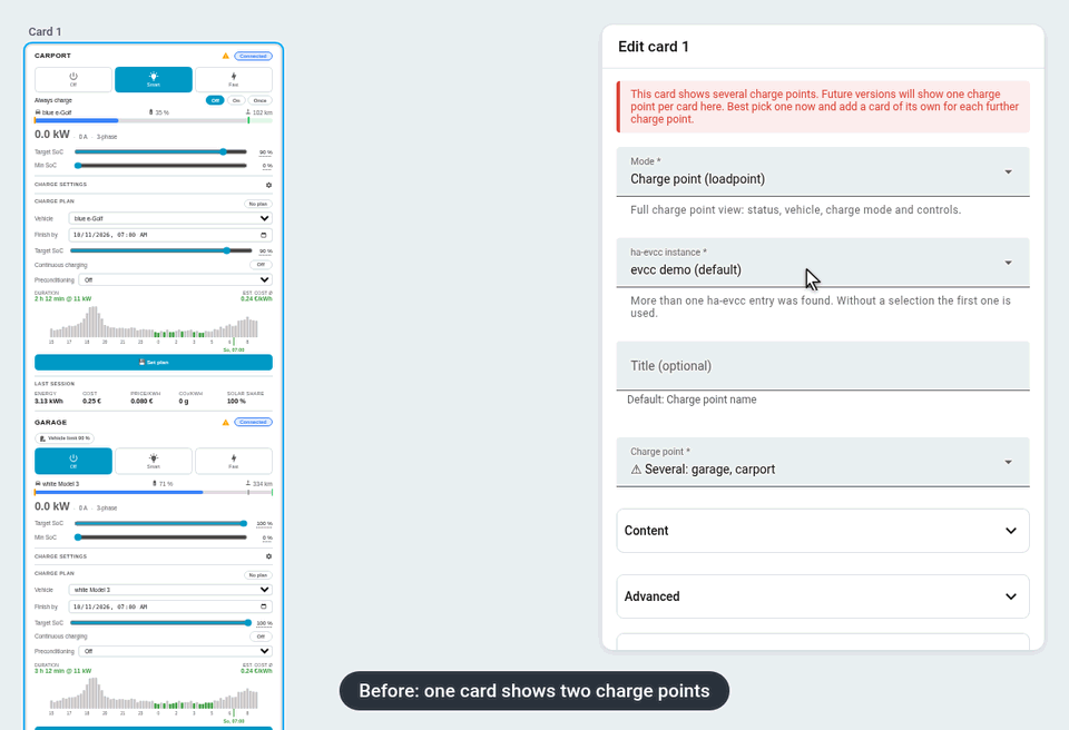 Switching a card with two charge points to one charge point per card in the visual editor