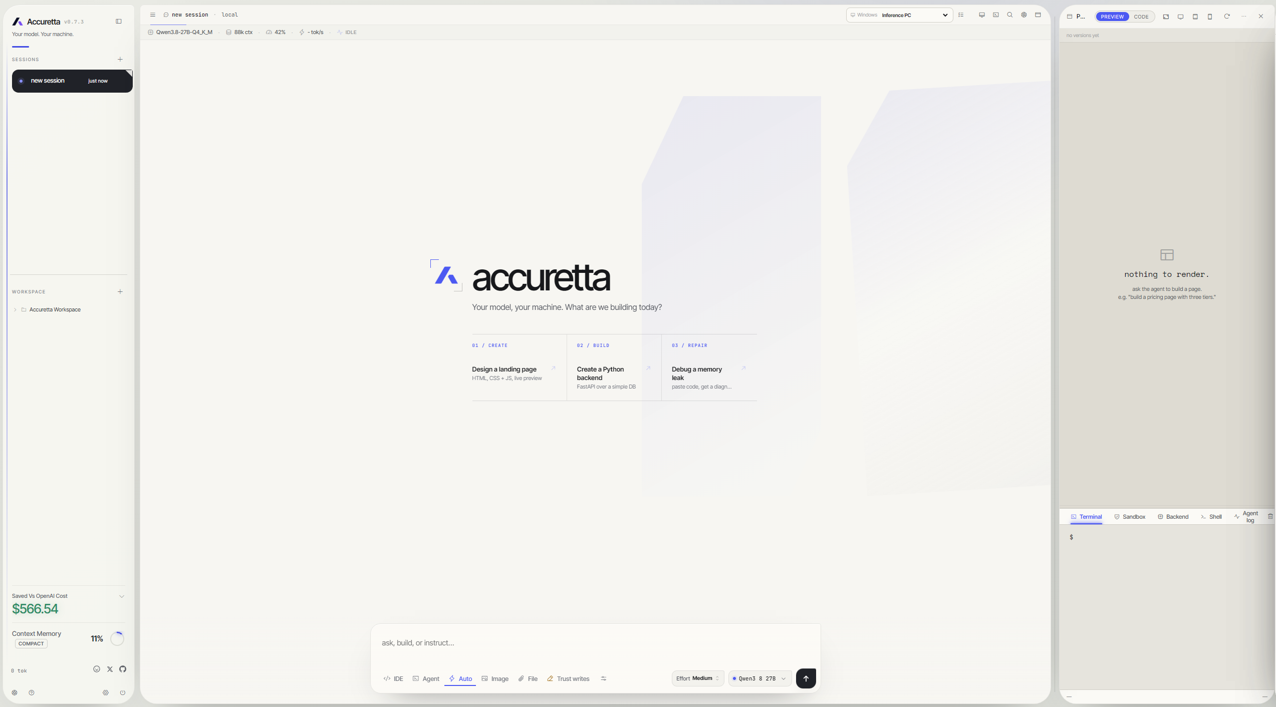Accuretta using the Aperture theme, with sessions and workspace files on the left, local model status and chat in the center, and preview plus terminal tools on the right.