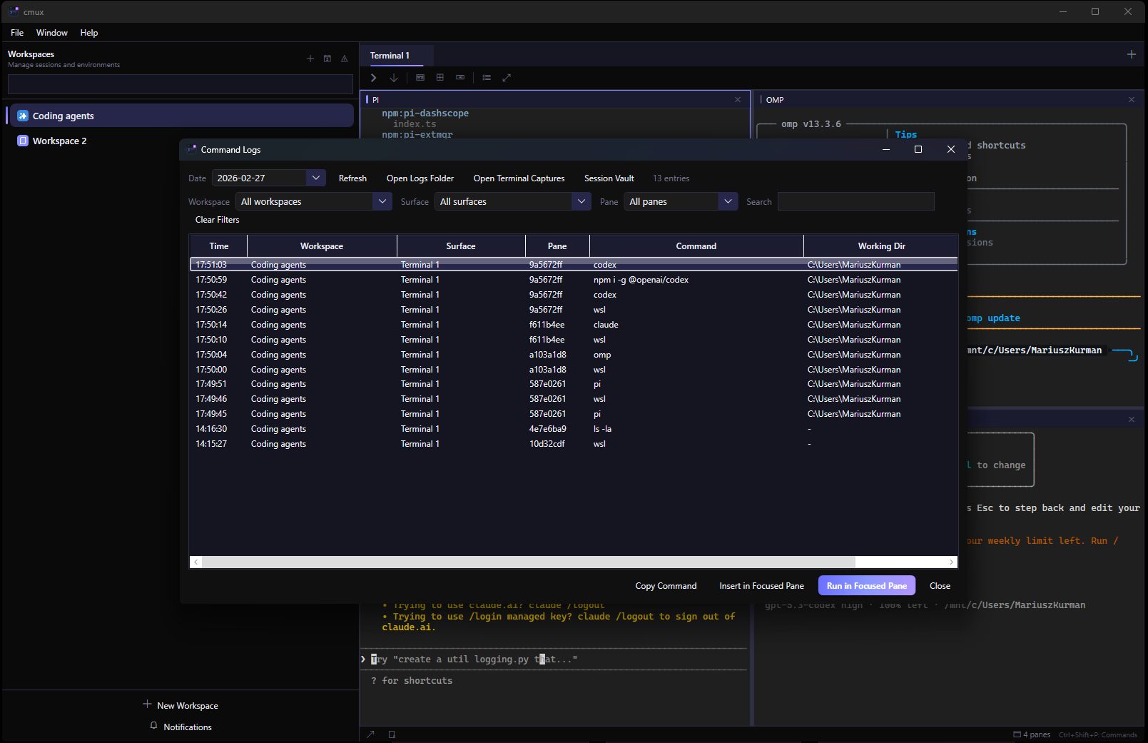 cmux snippets panel