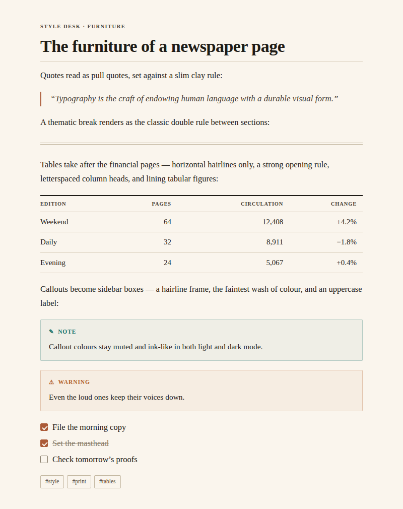 Quotes, rules, tables, callouts, tasks and tags