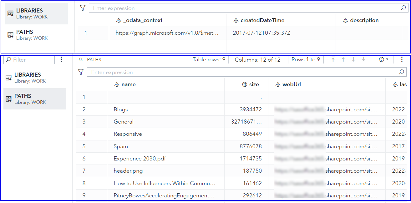 example data set with file listings