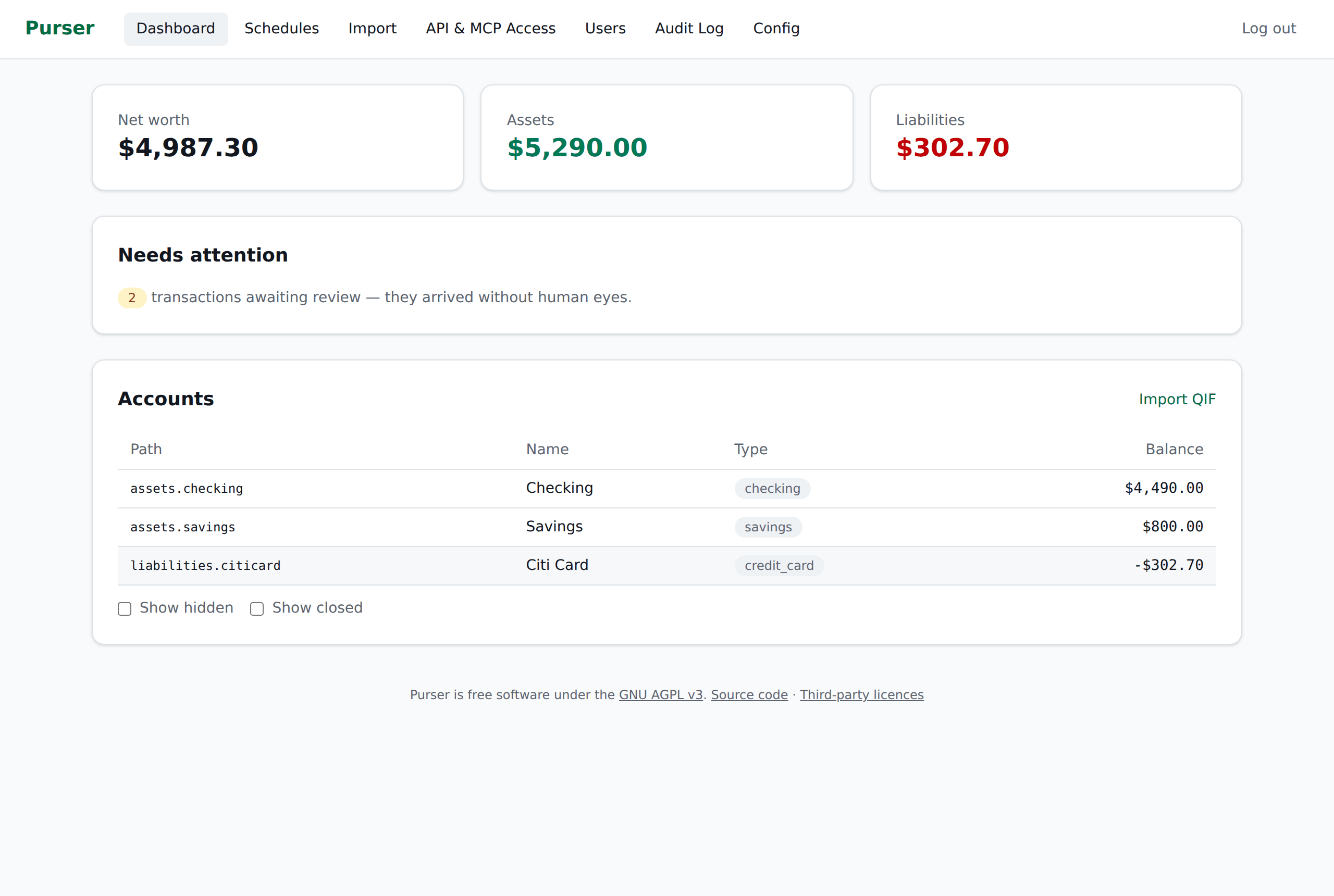 Dashboard: net worth, items needing attention and account balances