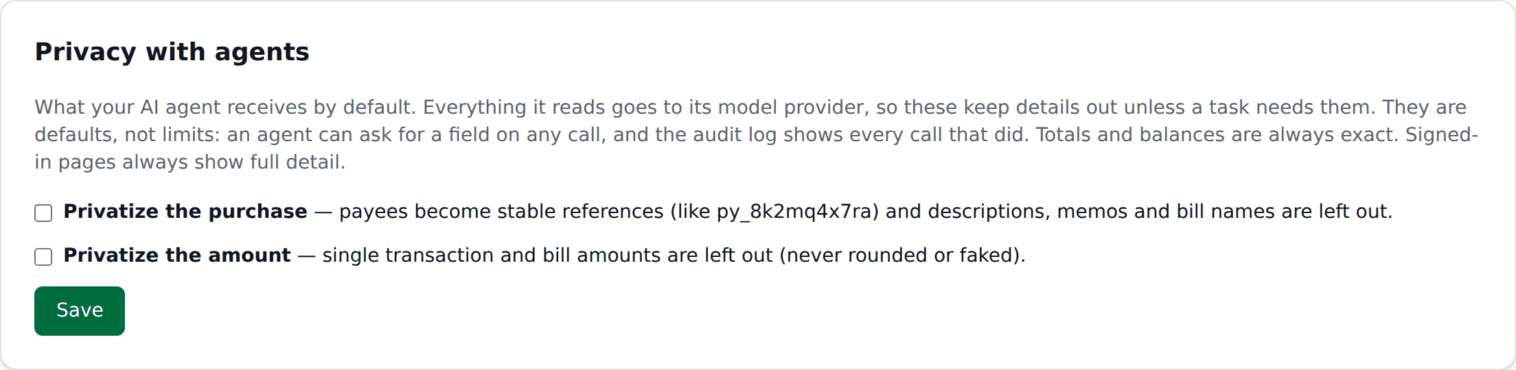 Privacy with agents settings