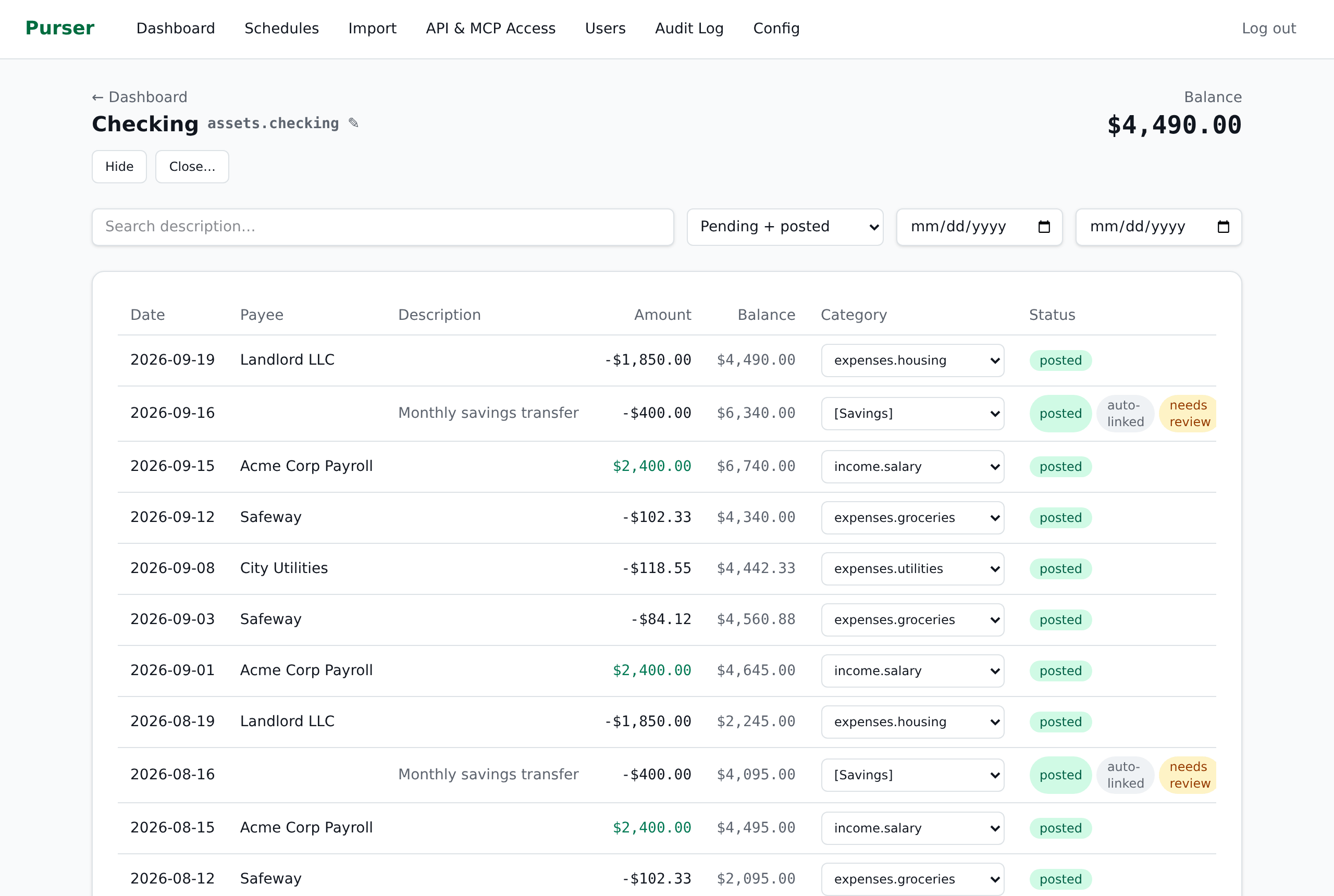 Account register with categories and transfer links