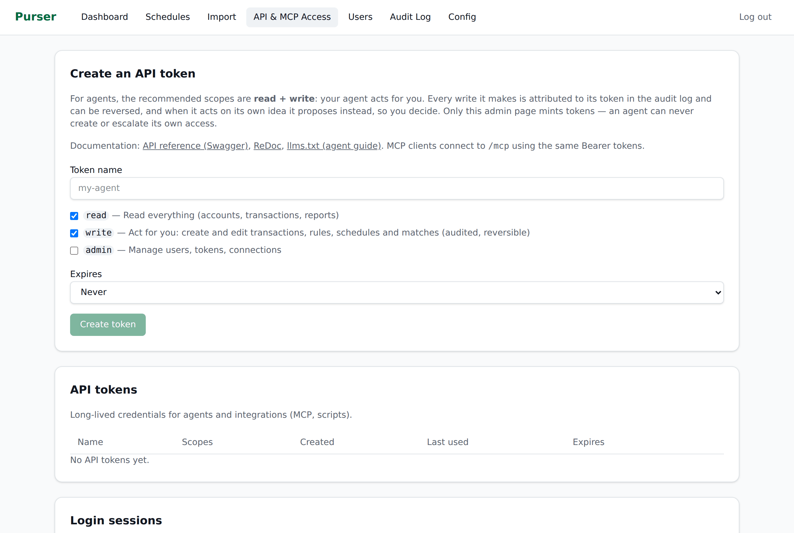 API and MCP access: scoped tokens for agents