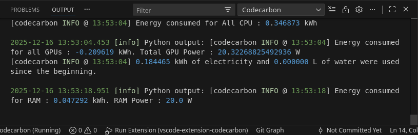 CodeCarbon VS Code extension output panel with live emissions metrics