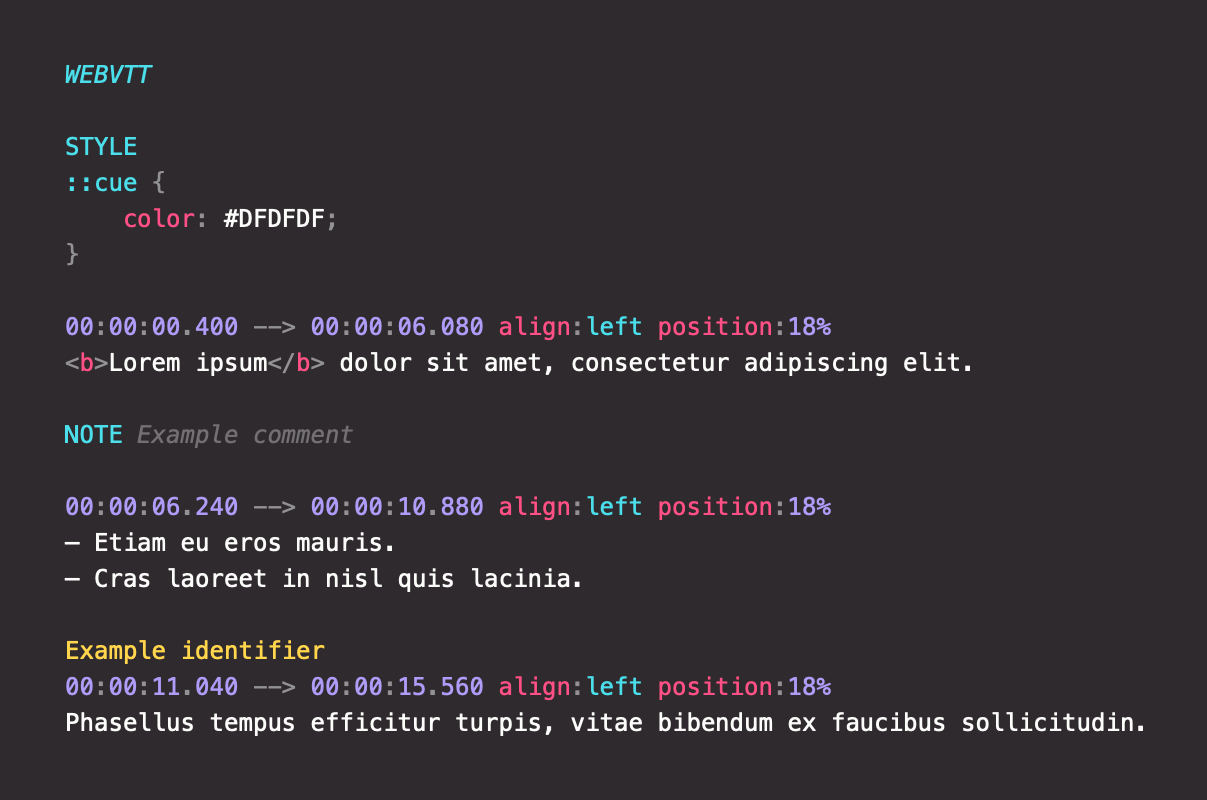 Screenshot of WebVTT highlighting