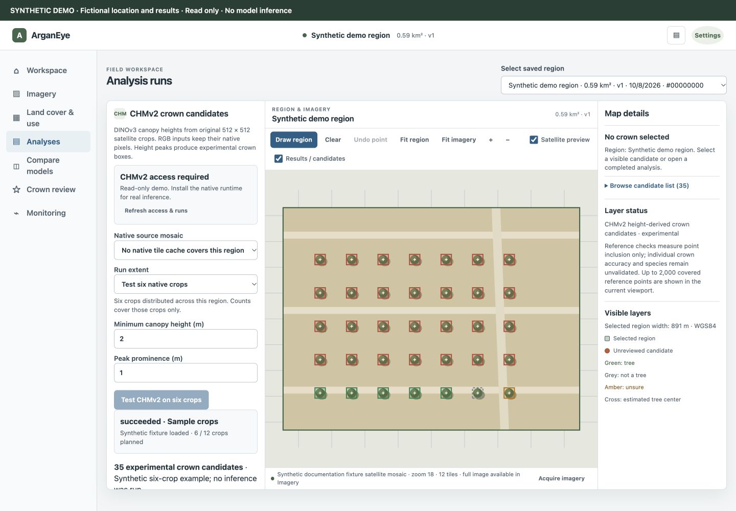 Analysis setup showing native crops, sample extent and model-readiness state using synthetic fixtures.