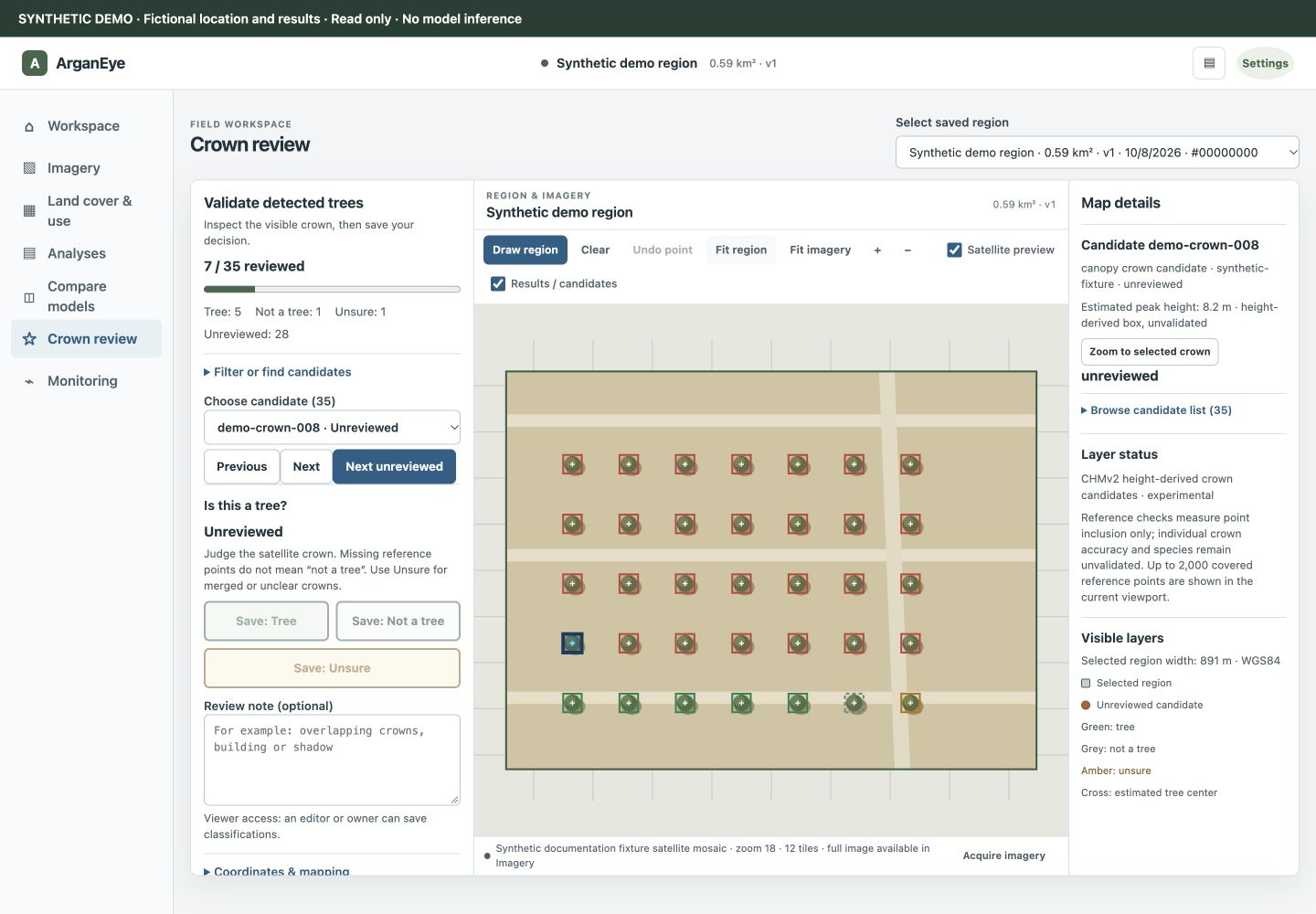 ArganEye crown-review workspace: review queue, candidate boxes, estimated centers and geographic inspector. Synthetic documentation data.