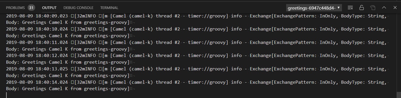 Apache Camel K Integrations view - Integration log