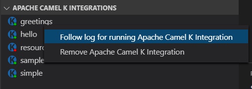 Apache Camel K Integrations view - Follow log