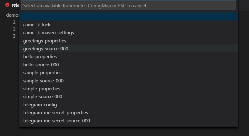 Start Apache Camel K Integration - ConfigMap list