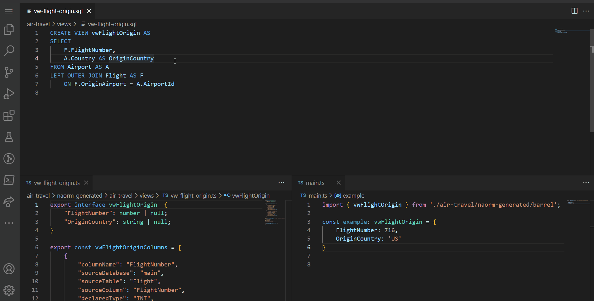 Screen capture of a SQL view being edited in VS Code, with the corresponding TypeScript model updating automatically.