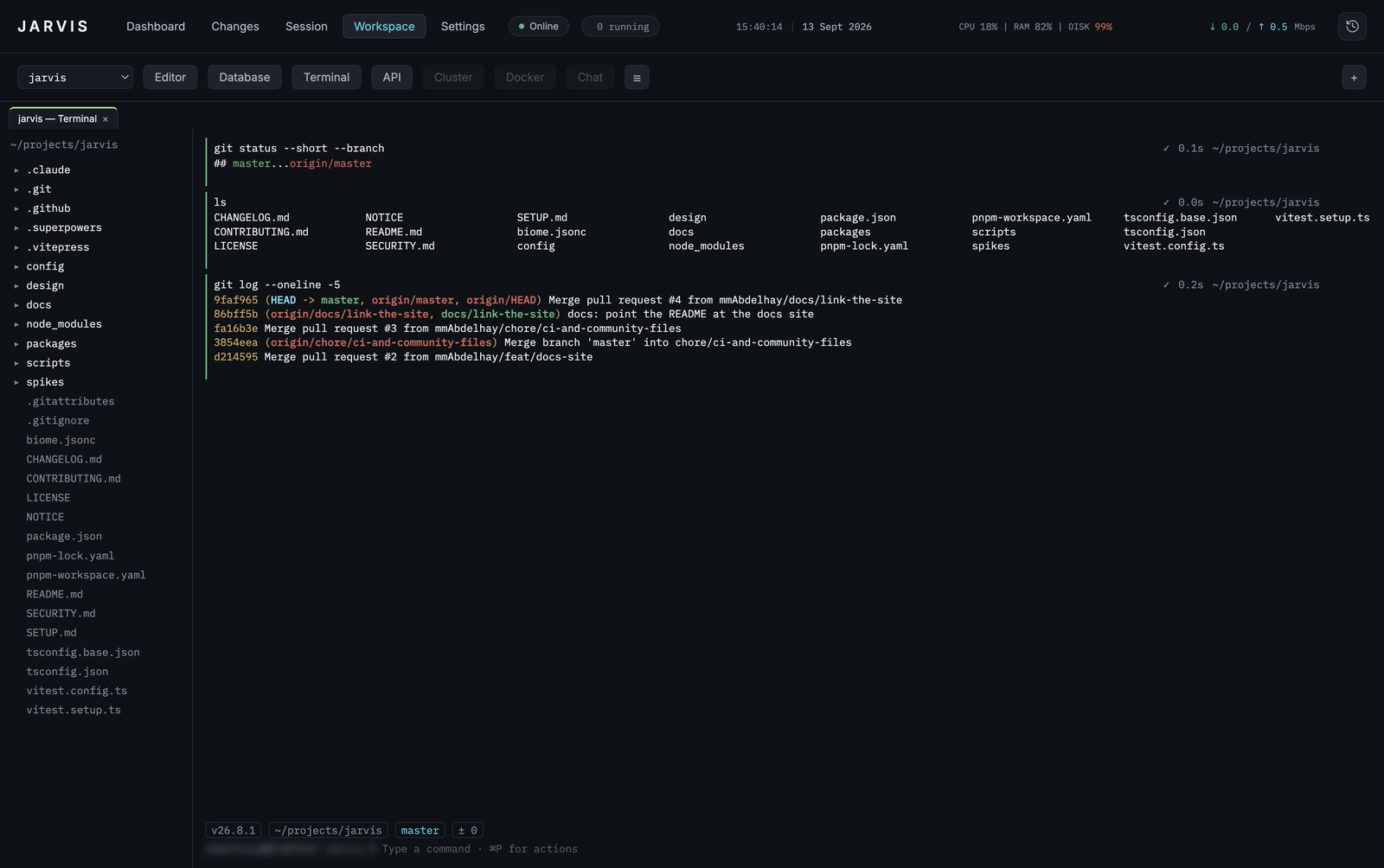 The Terminal tab: each command and its output as an addressable block with its own timing and working directory, a file sidebar on the left, and a row of chips naming the directory, branch and uncommitted count.