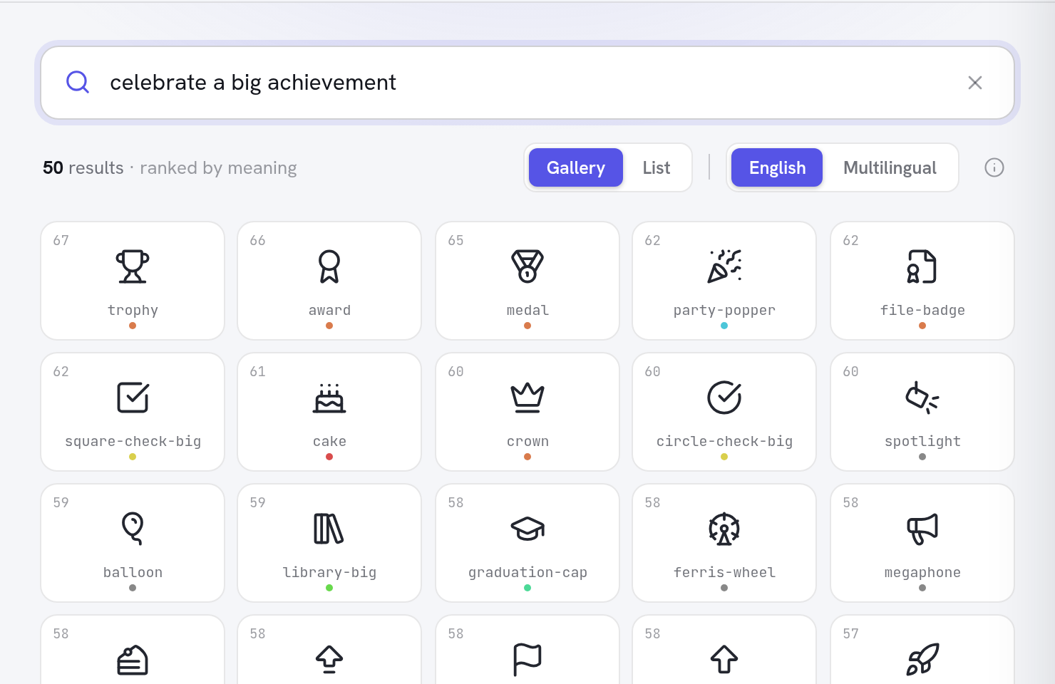 Searching "celebrate a big achievement" returns trophy, award, medal, party-popper