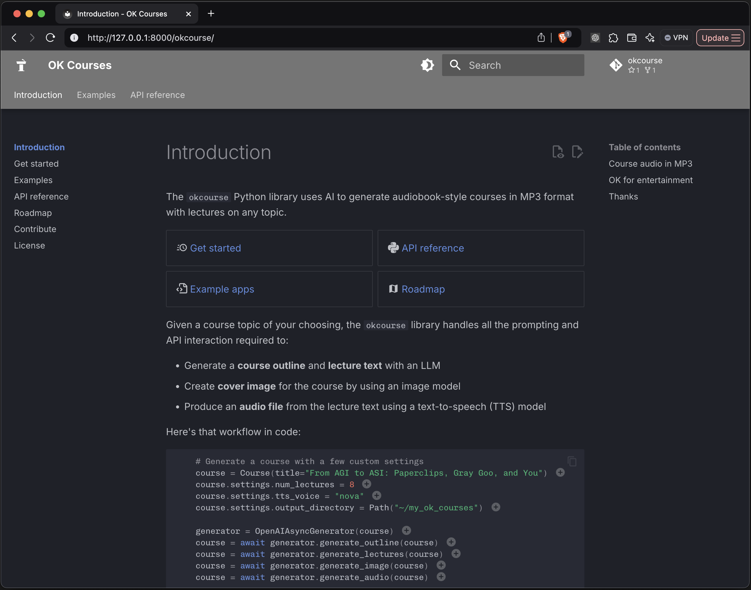 A screenshot of the okcourse documentation homepage as rendered locally in a web browser. The page includes navigation links to sections like 'Examples' and 'API Reference,' a table of contents sidebar, and sample code demonstrating how to generate course content. The design features a clean layout with a dark theme.