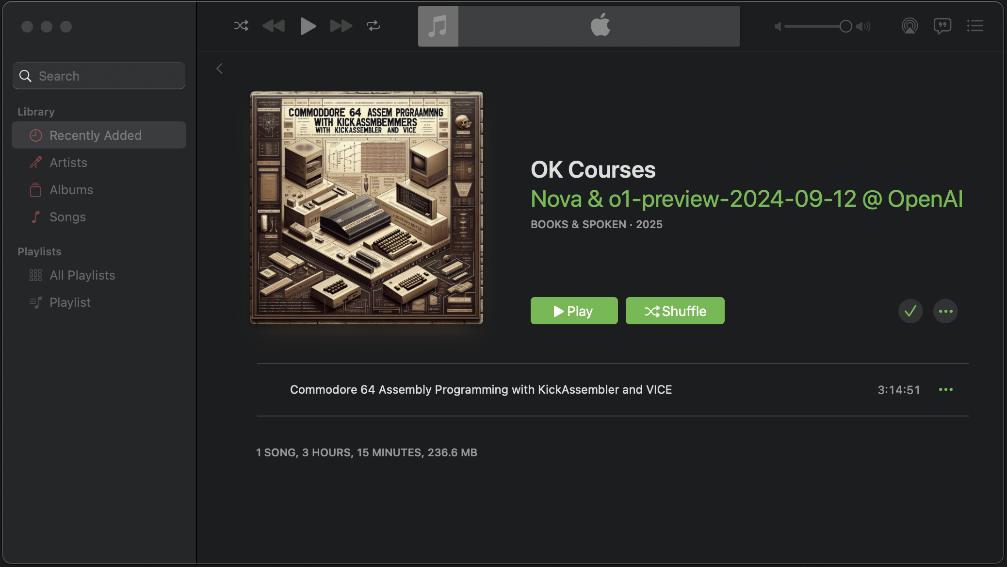 Screenshot of Apple's Music app interface showing album 'OK Courses' by Nova & o1-preview-2024-09-12 @ OpenAI, categorized as Books & Spoken from 2025. The cover art features a stylized illustration of a Commodore 64 and components and misspelled words resembling the selected track's name, 'Commodore 64 Assembly Programming with KickAssembler and VICE,' which is 3 hours, 14 minutes, and 51 seconds long.