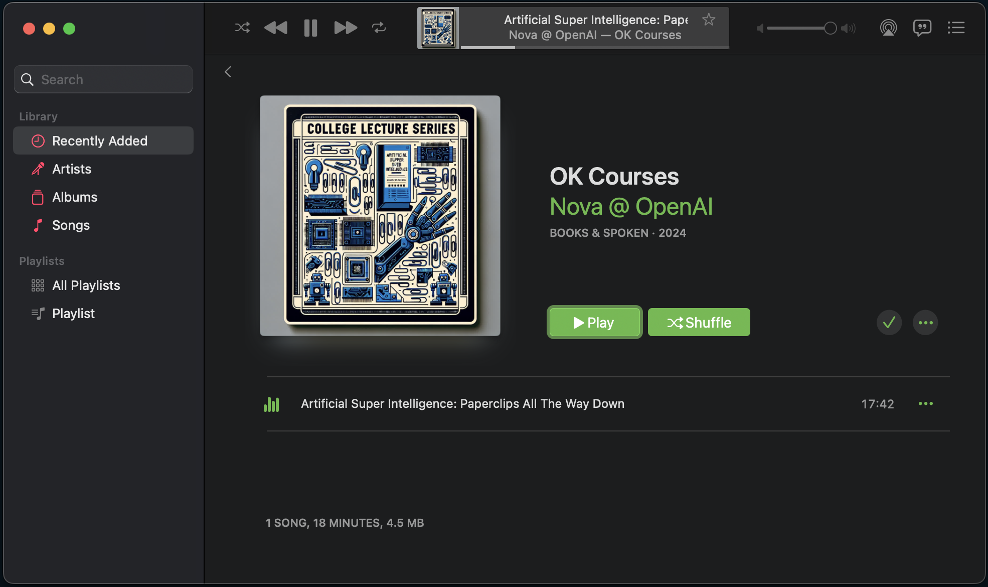 Screenshot of Apple's Music app interface showing album 'OK Courses' by Nova @ OpenAI, categorized as Books & Spoken from 2024. The cover art features a stylized illustration of technology components, paperclips, and a robotic hand. The selected track, 'Artificial Super Intelligence: Paperclips All The Way Down,' is 17 minutes and 42 seconds long.