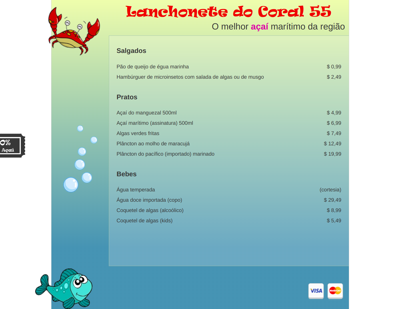 Imagem de uma página de um cardápio da 'Lanchonete do Coral 55' com o layout devidamente estilizado