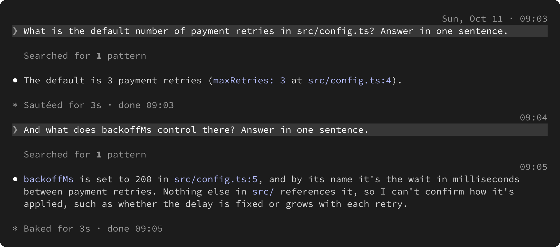 A Claude Code transcript with nuet, set to 24-hour time. A dim Sun, Oct 11 · 09:03 sits at the right end of the blank line above the first prompt; its answer came in the same minute and shows no time. The next prompt shows 09:04, and 09:05 sits above Claude's answer, which came in the next minute.