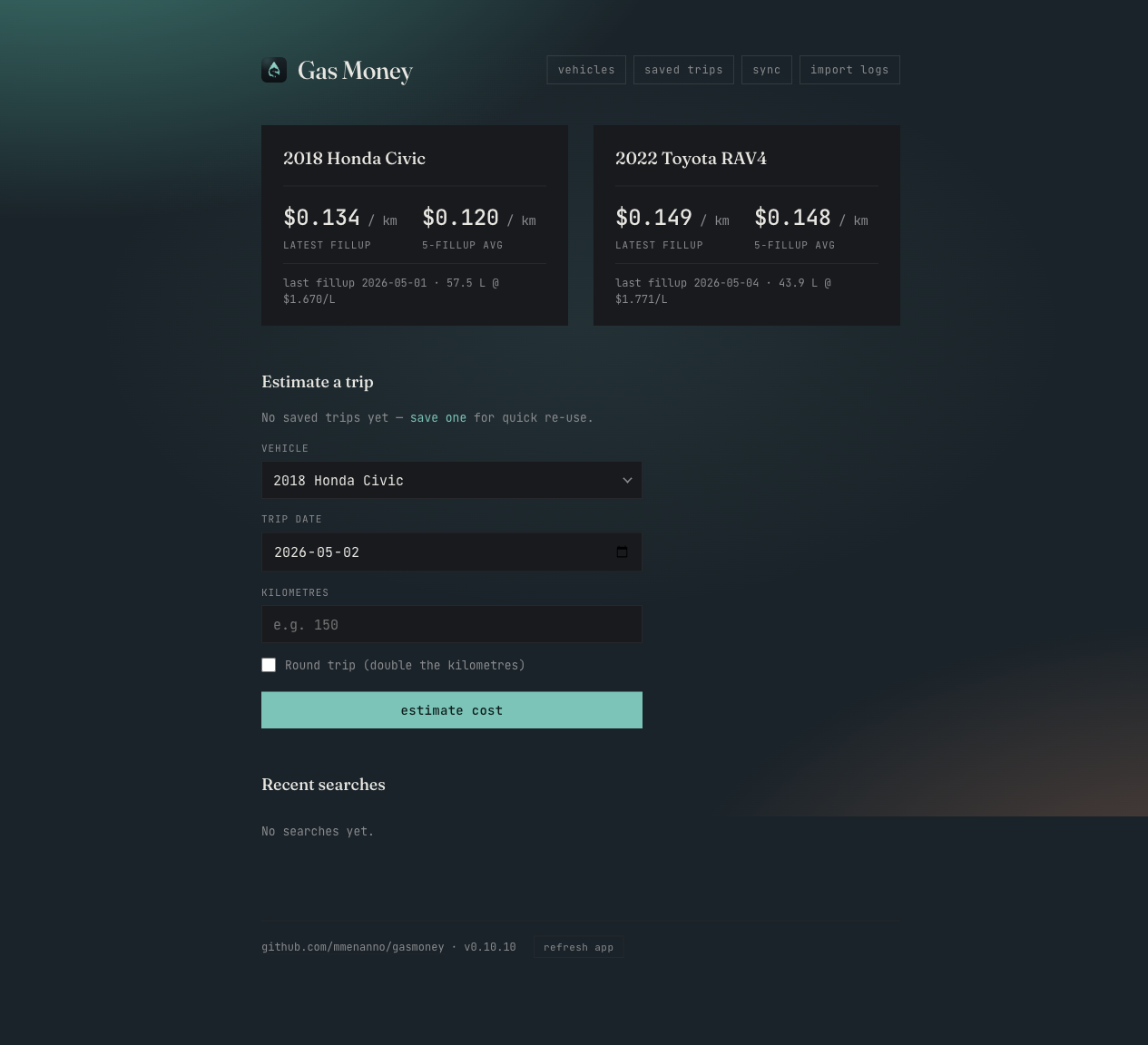 Dashboard with two vehicle cards showing $/km readouts and a trip-cost estimator form below