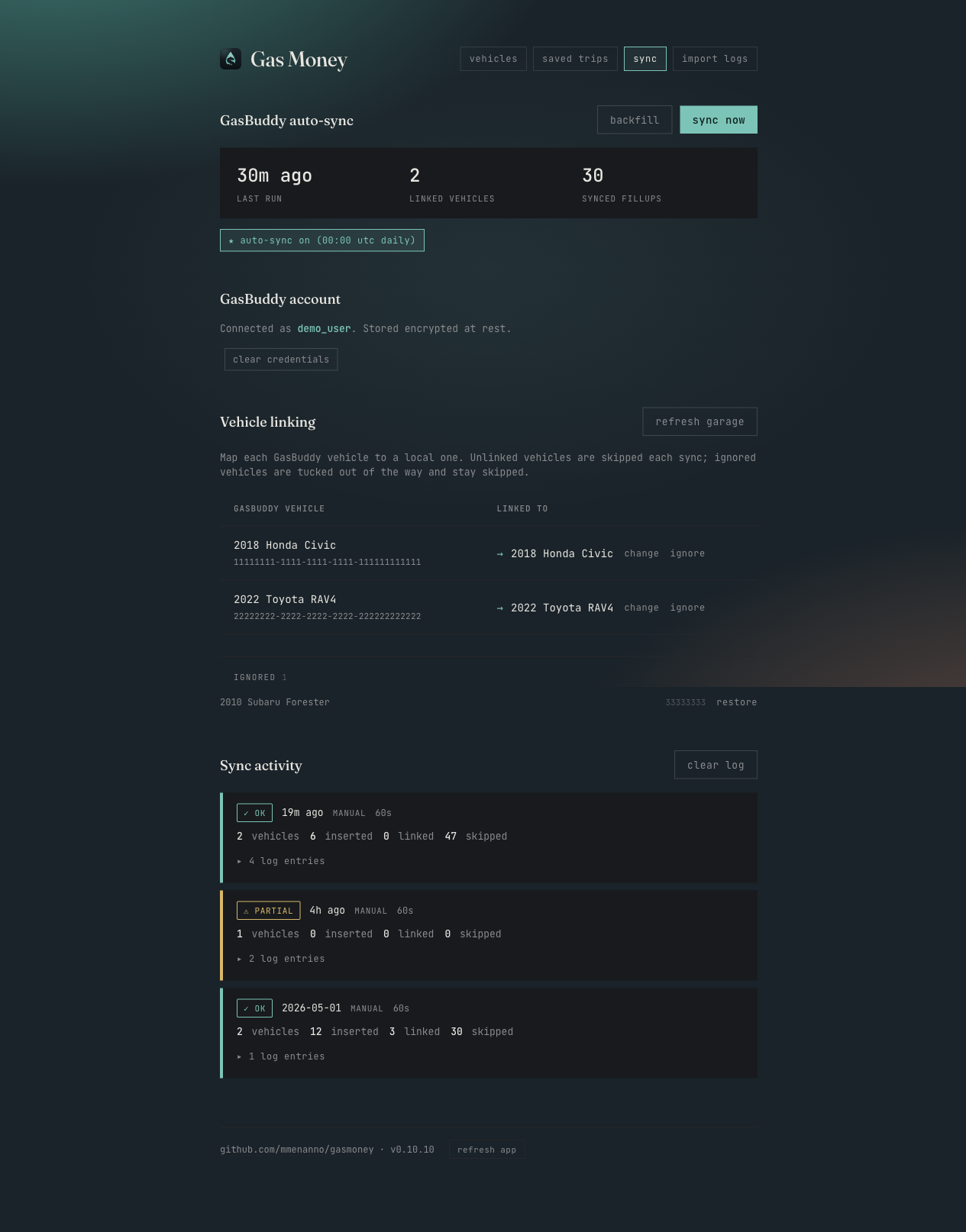 Sync page showing GasBuddy account, Vehicle linking with locked-in summaries and an ignored row, and Sync activity ledger with OK and partial runs