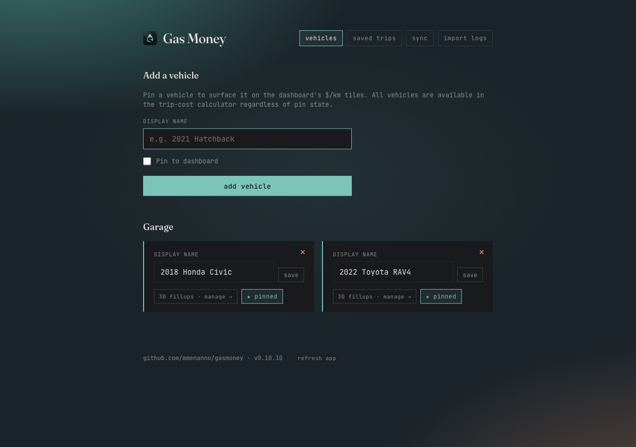 Vehicles page: Add a vehicle form on top, Garage section with two pinned vehicle cards
