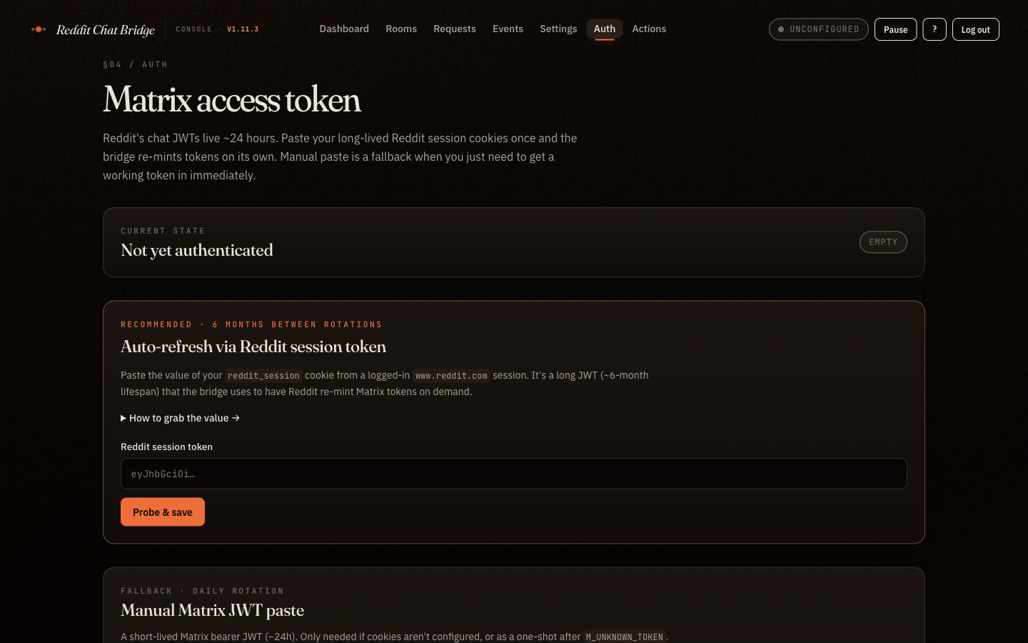 Auth page: Reddit session cookie paste flow with manual JWT fallback