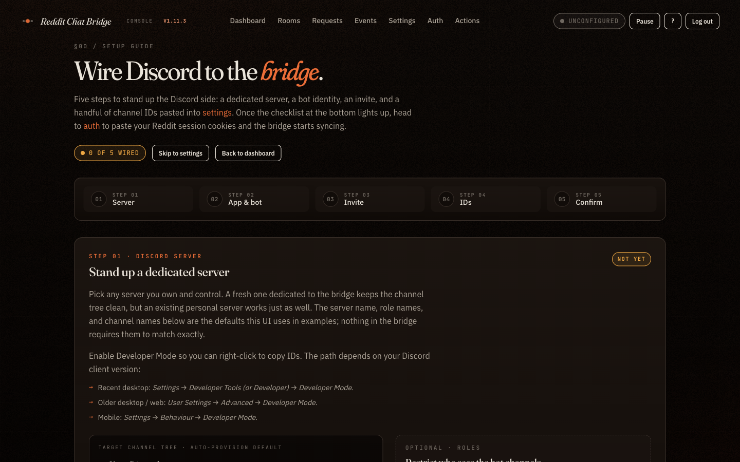 Bot setup wizard: Wire Discord to the bridge, with a 5-step stepper