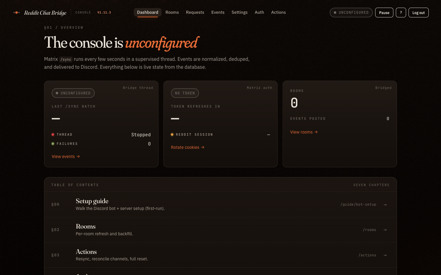 Dashboard with three status tiles: Bridge thread, Matrix auth, Rooms