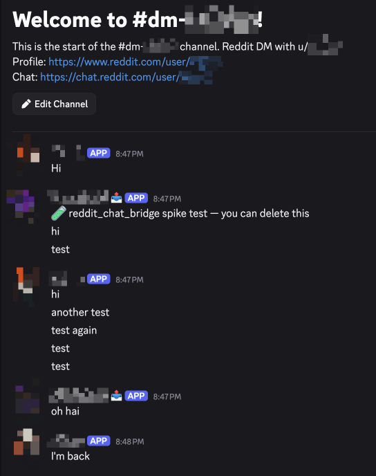 A bridged #dm-* Discord channel where each message posts under the sender's Reddit display name and snoovatar via the channel webhook