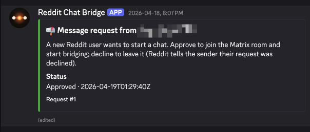 A message-request card in #message-requests showing the original Reddit invite preview, the inviter's Reddit identity, and the Approve/Decline workflow