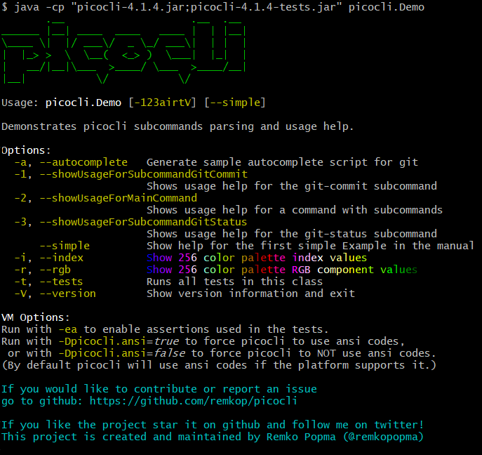 Picocli Demo help message with ANSI colors